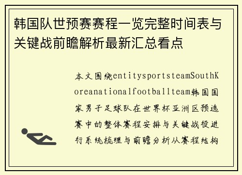 韩国队世预赛赛程一览完整时间表与关键战前瞻解析最新汇总看点